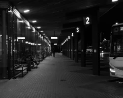 Lähimale platvormile saabuva bussiga mustvalge jäädvustus tühjast Pärnu bussijaamast hilisõhtul. Autor: Priit Suve. Mustvalge Priit Suve foto: tühja Pärnu bussijaama ooteala, millel on näha platvorminumbrid ja buss nr 1 juures.